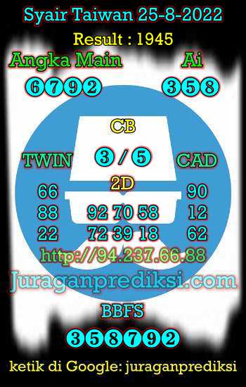 Prediksi Taiwan 25 Agustus 2022 dan juga Syair taiwan hari ini Kamis 25 8 2022 adalah angka keluar togel taiwan malam hari ini
