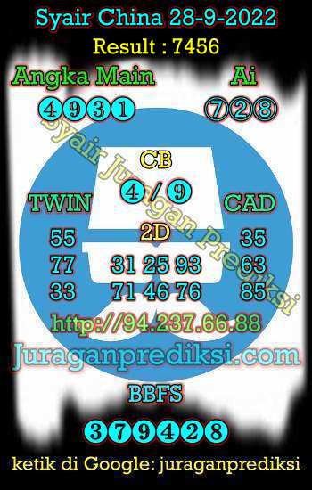 Prediksi Syair China 28 September 2022 dan Kode Syair China hari ini adalah Bocoran China serta Prediksi china akurat Rabu 28-9-2022. Prediksi togel china 4d hari ini kami ambil dari syair china Rabu 28 September 2022.